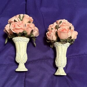 Set of 2 Elegant Cream Vase with Pink Roses/Mini